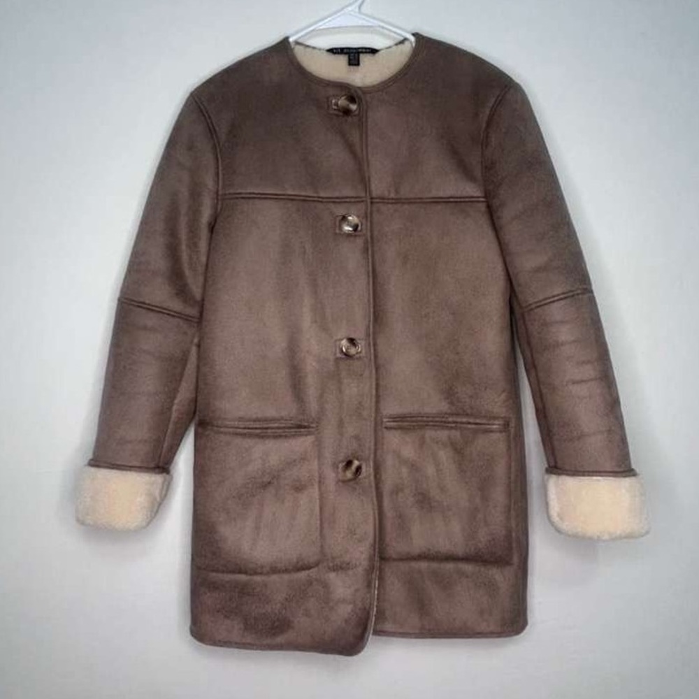 Women’s TRF Outerwear Faux Suede Sherpa Coat – Camel Brown XS(C11)✨